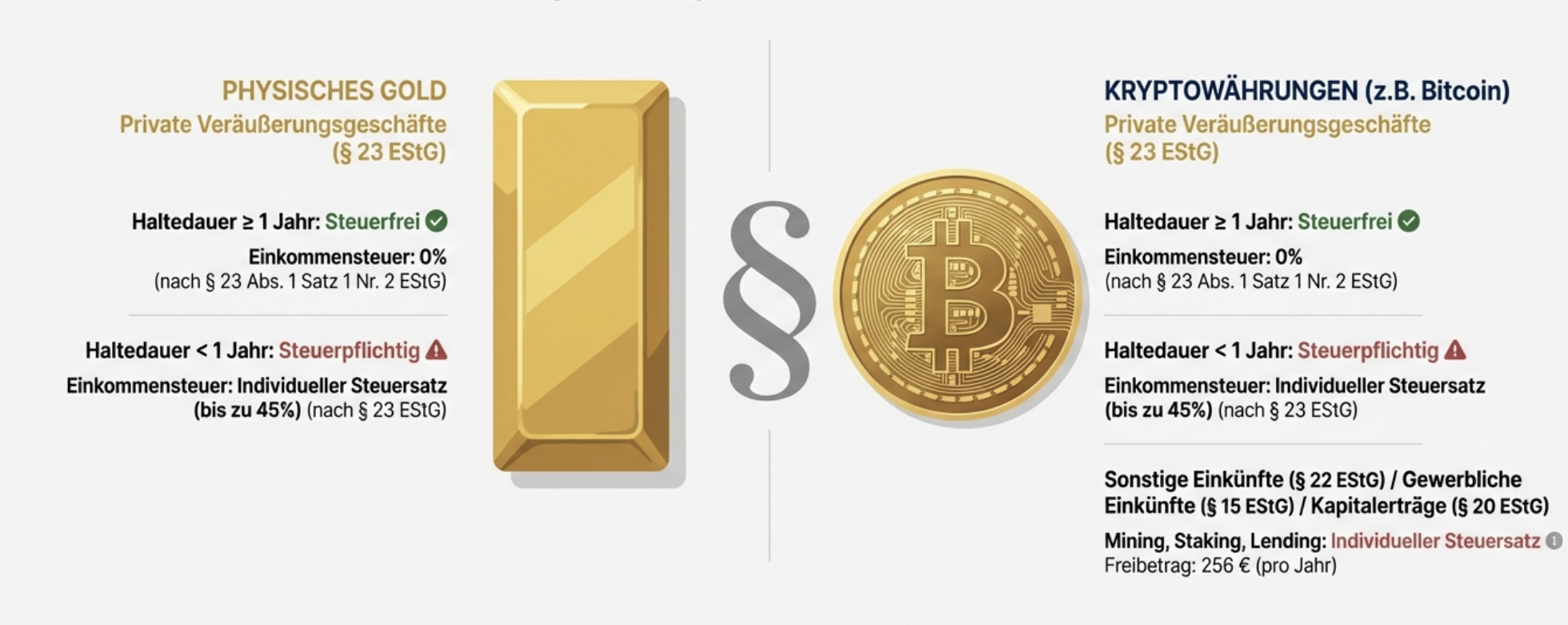 Vergleich der steuerlichen Behandlung von physischem Gold und Kryptowährungen wie Bitcoin nach § 23 EStG