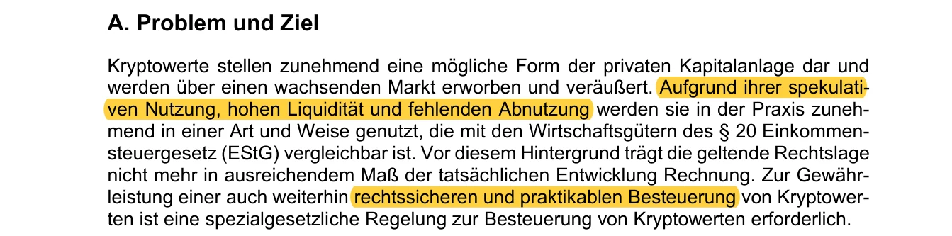 Auszug aus dem Referentenentwurf, Abschnitt A. Problem und Ziel, markiert sind spekulative Nutzung, hohe Liquidität und fehlende Abnutzung sowie das Ziel einer rechtssicheren und praktikablen Besteuerung