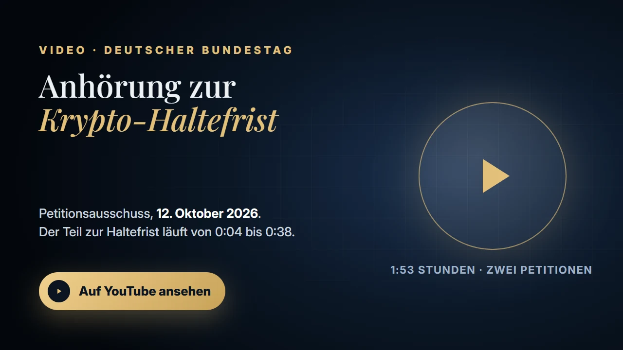 Videokarte zur Anhörung über die Krypto-Haltefrist im Petitionsausschuss am 12. Oktober 2026, ein Klick öffnet die Aufzeichnung auf YouTube
