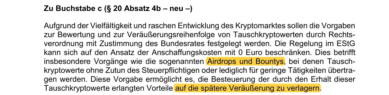 Auszug aus der Begründung zu § 20 Absatz 4b EStG zu Airdrops und Bountys