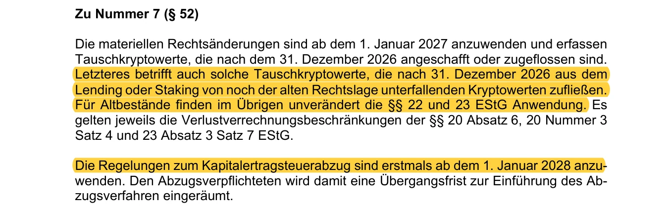 Auszug aus der Begründung zu § 52 EStG: Rewards aus Lending oder Staking ab 2027 sind Neubestand, für Altbestände gelten weiter die §§ 22 und 23 EStG