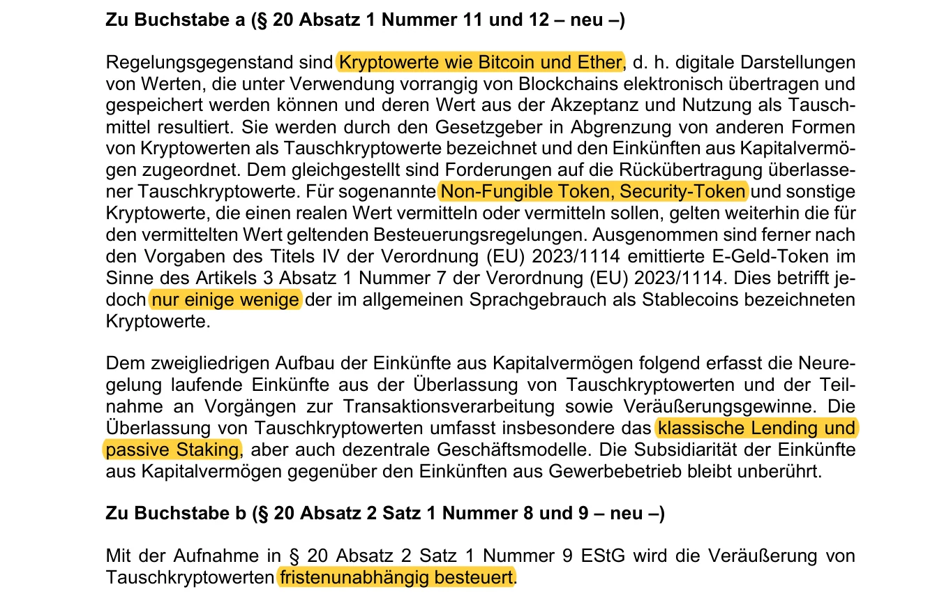 Auszug aus der Begründung des Referentenentwurfs zu den Tauschkryptowerten, zu NFT, Security Token, Stablecoins, Lending und Staking