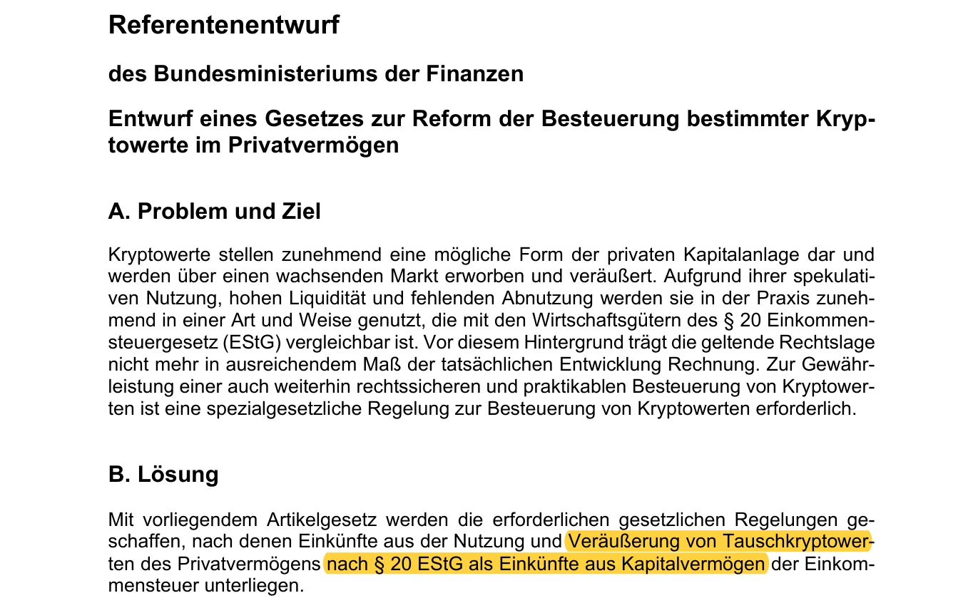 Erste Seite des Referentenentwurfs des Bundesfinanzministeriums zur Reform der Besteuerung bestimmter Kryptowerte, die Stelle zu § 20 EStG ist markiert