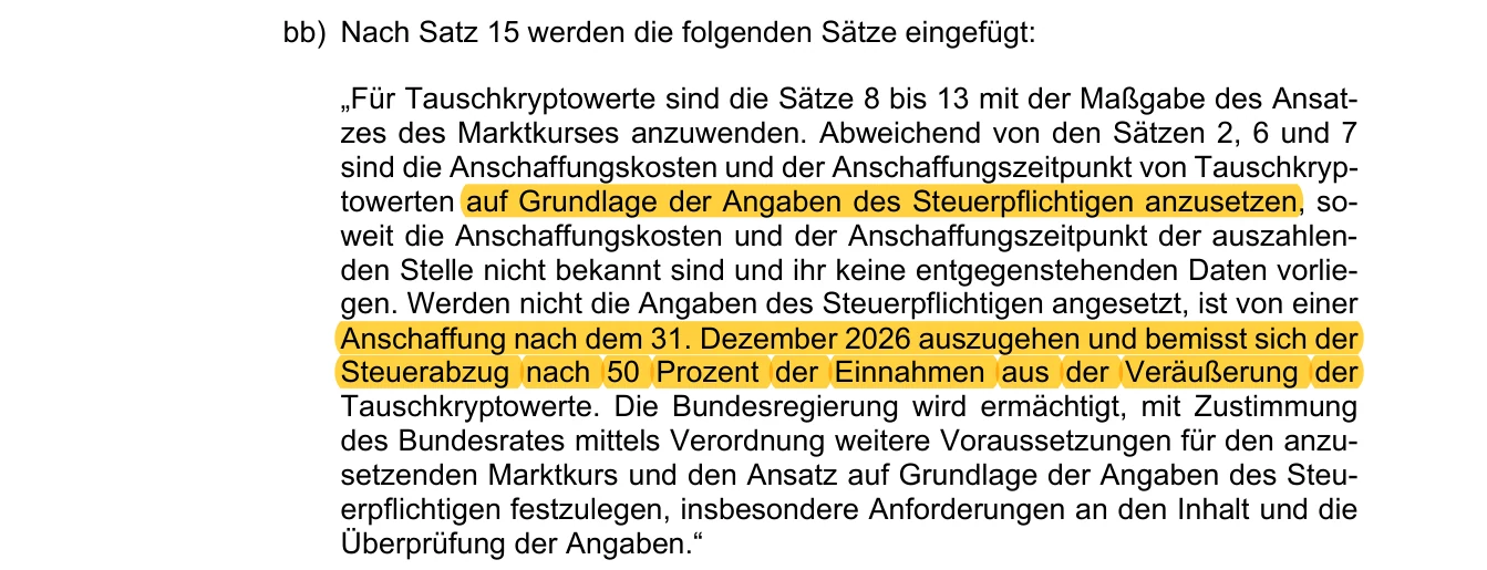 Auszug aus dem Referentenentwurf zu § 43a Absatz 2 EStG: Angaben des Steuerpflichtigen und Ersatzbemessung mit 50 Prozent der Einnahmen