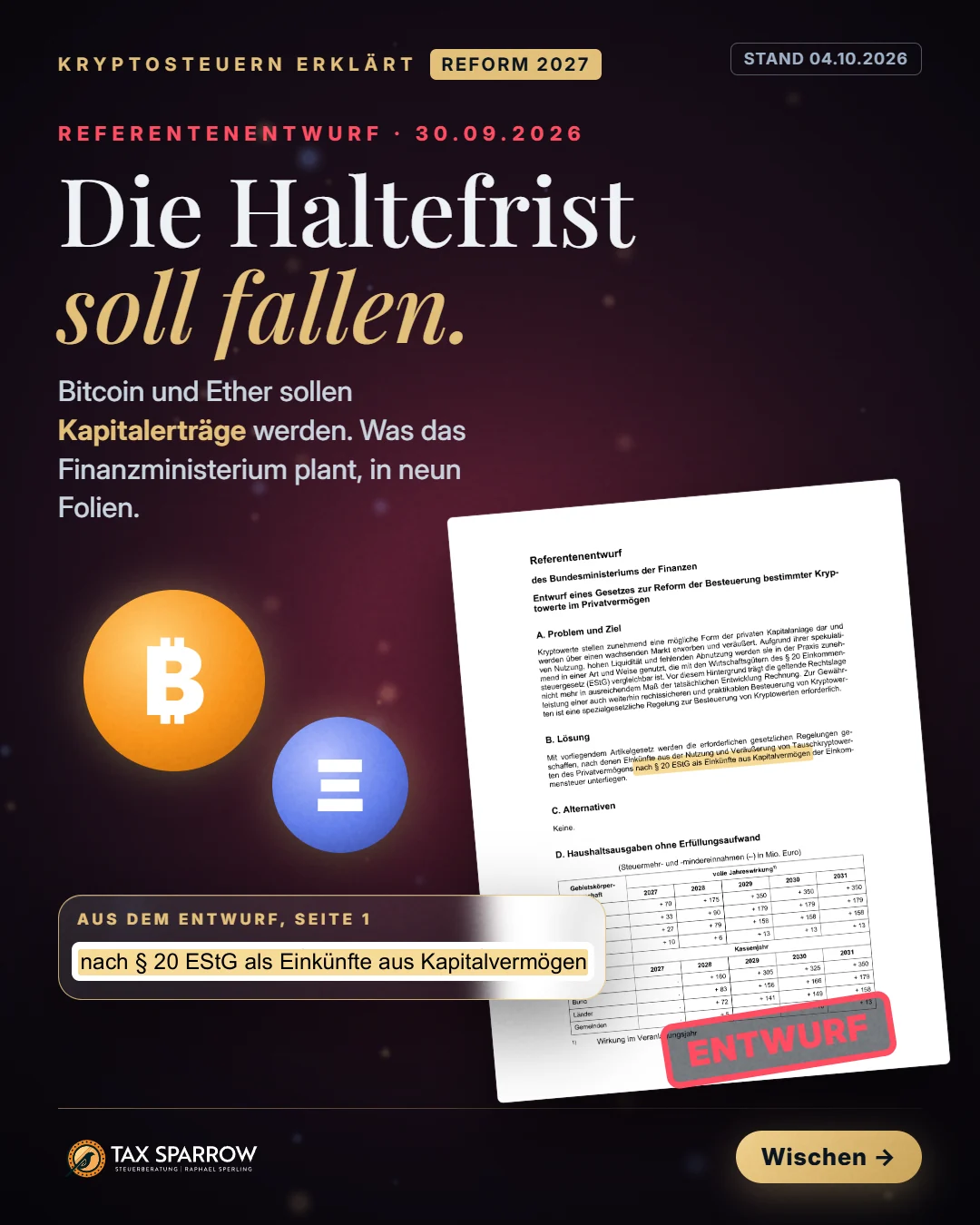 Folie 1 von 9: Titelfolie: Die Haltefrist soll fallen, Referentenentwurf vom 30.09.2026