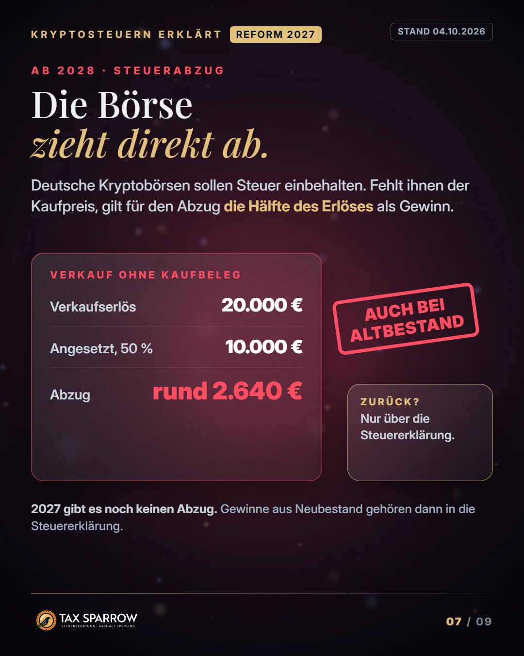 Grafik: Verkauf von 20.000 Euro ohne Kaufbeleg, 50 Prozent werden angesetzt, rund 2.640 Euro Steuerabzug, auch bei Altbestand