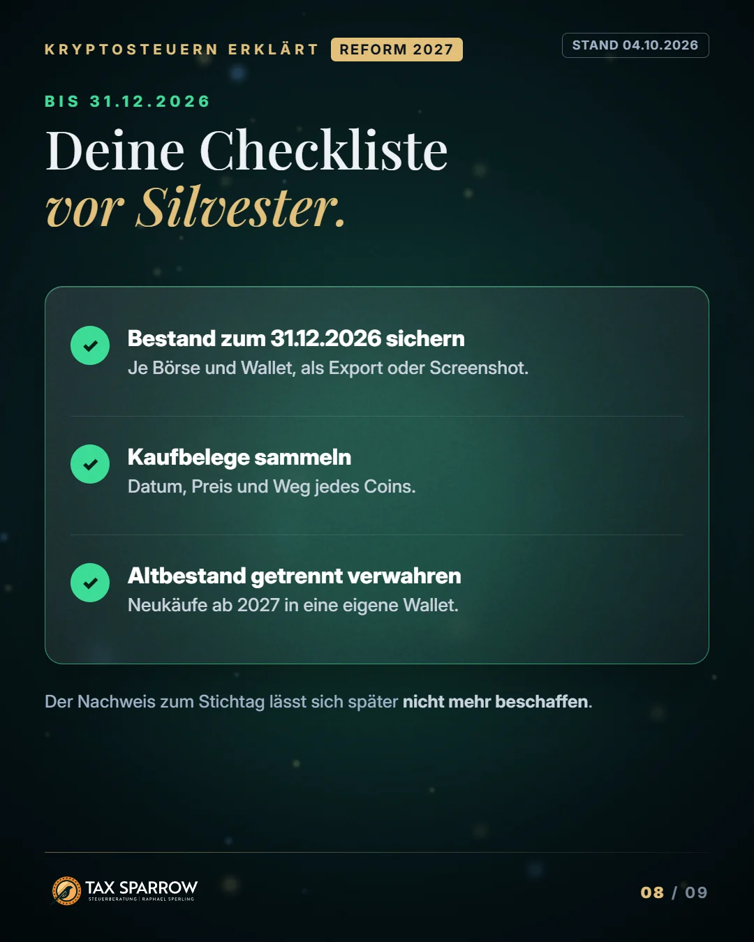 Checkliste bis 31.12.2026: Bestand sichern, Kaufbelege sammeln, Altbestand getrennt verwahren