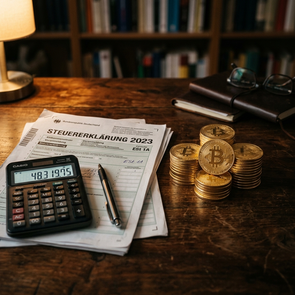 Bitcoin Münzen neben Steuerunterlagen auf einem Schreibtisch